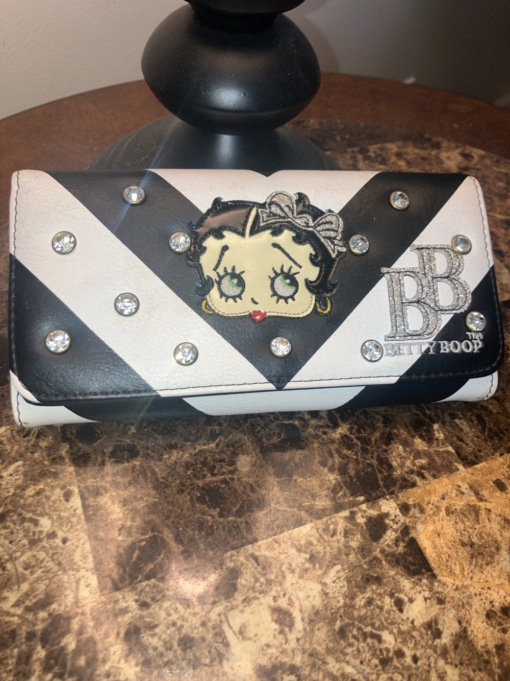 Betty Boop Black & White Chevron Wallet with Crystal Accents